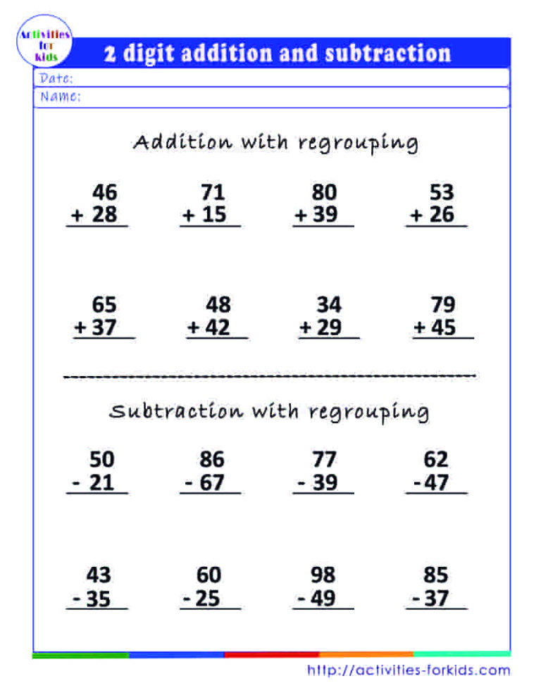 Free Printable 2 Digit Addition And Subtraction With Regrouping