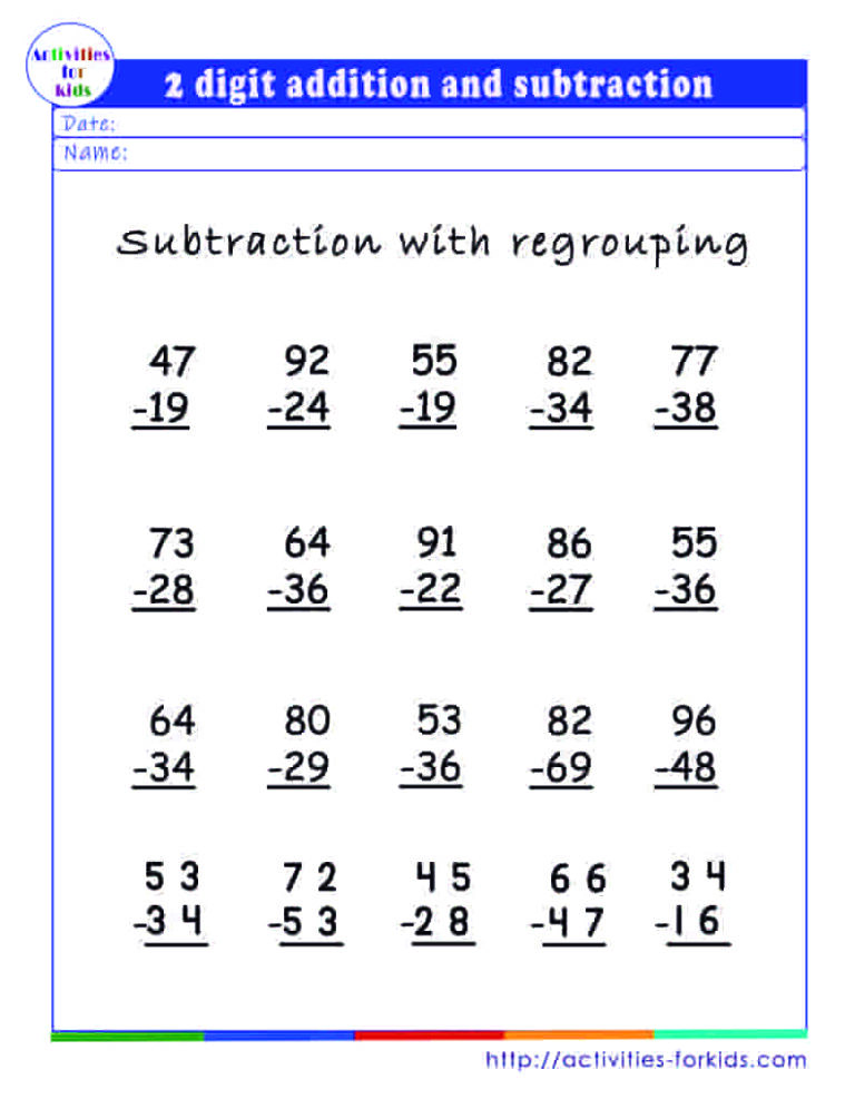 Free printable 2 digit addition and subtraction with regrouping