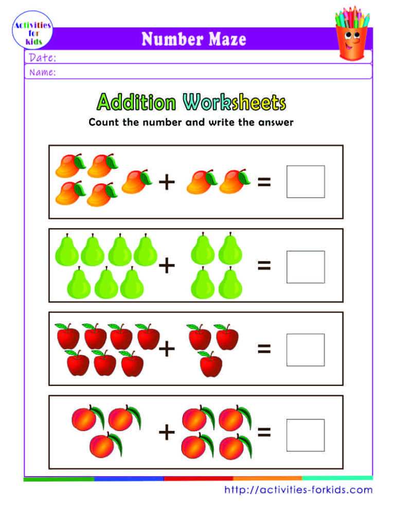 Preschool & Kindergarten Addition Worksheets printable