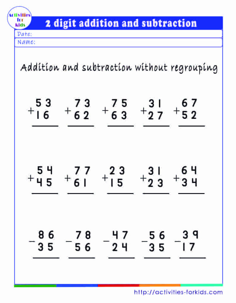 Free printable 2 digit addition and subtraction without regrouping