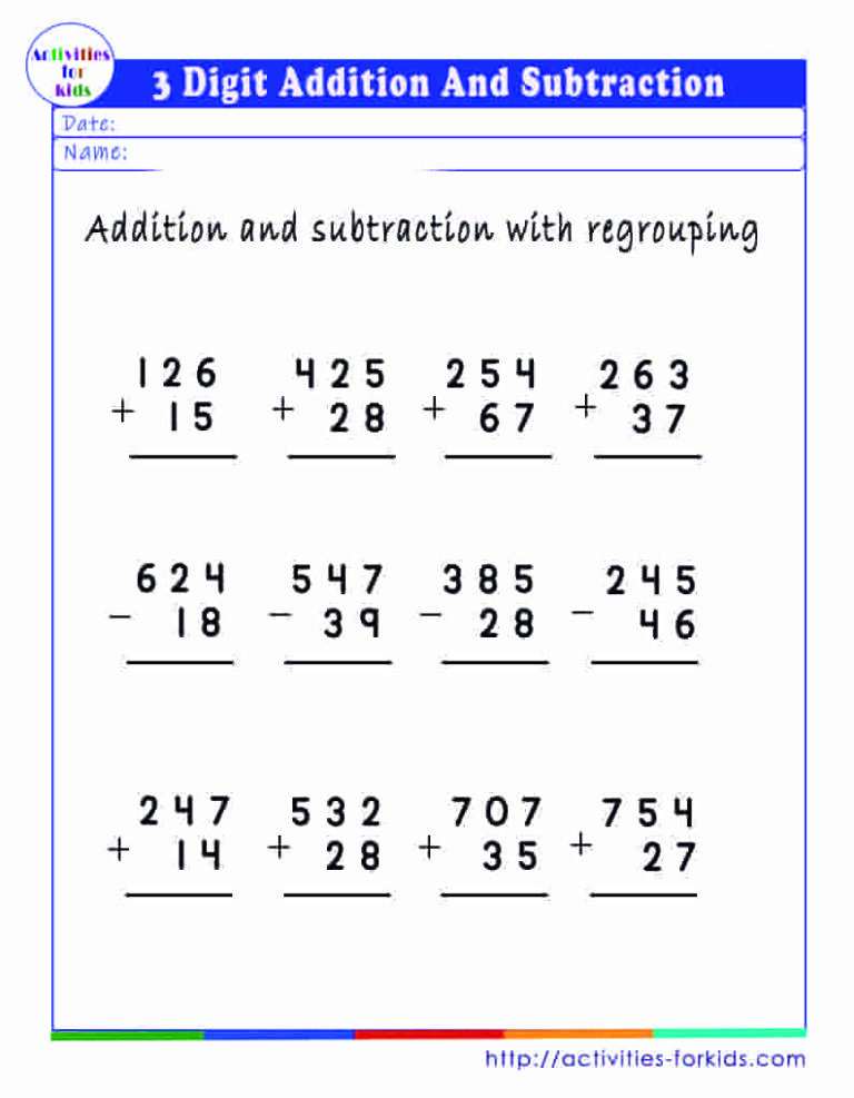 Free printable 3 digit addition and subtraction with regrouping