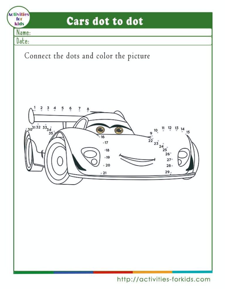 Free printable cars dot to dot worksheets