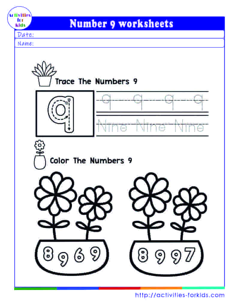 Number 9 worksheets for preschool and kindergarten 