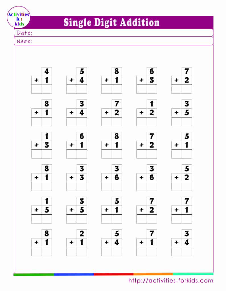 Single Digit Addition Worksheets pdf printable free